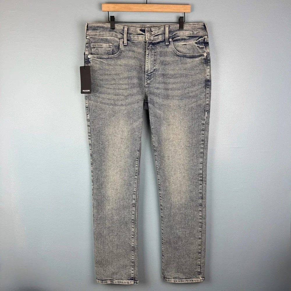 NEW True Religion Ricky Relaxed Straight Leg Jeans Mens 36x34 Light Blue Faded